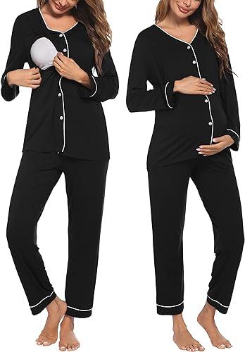 Ekouaer Maternity Pajama Set Button Down Nursing Sleepwear Long Sleeve Breastfeeding Loungewear with Adjustable Pants