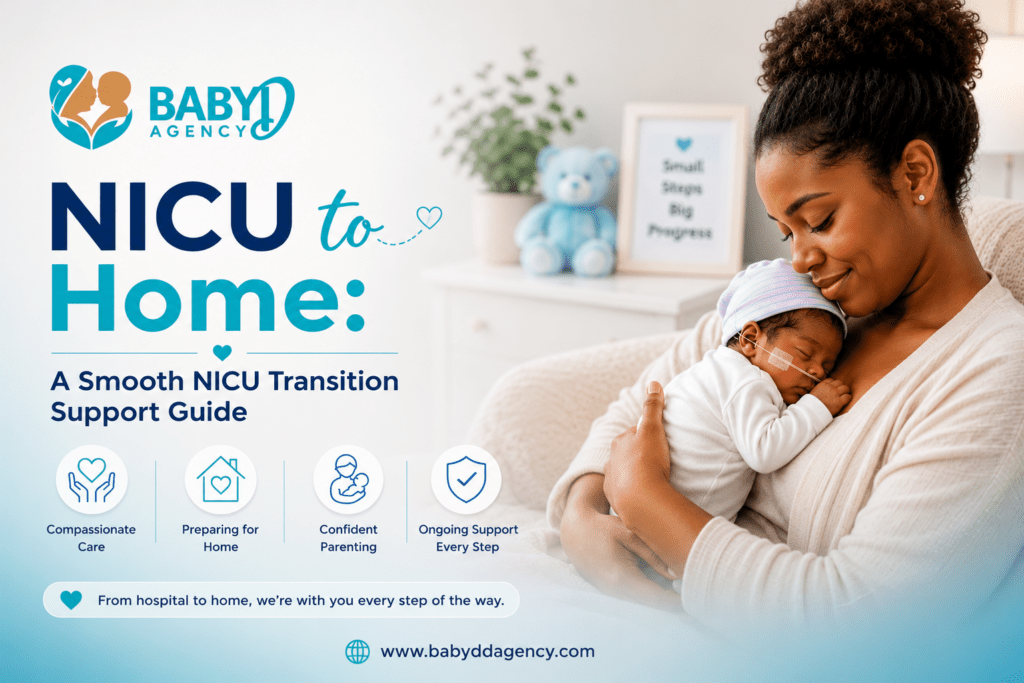 NICU to Home transition support guide featuring a mother holding her NICU baby by BabyDD Agency.