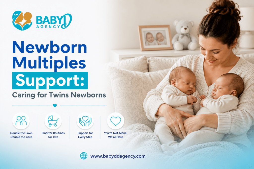 Newborn multiples support guide featuring a mother caring for twin newborns by BabyDD Agency.