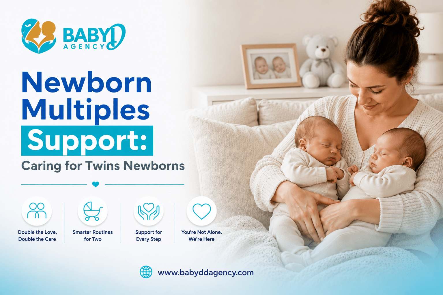 Newborn multiples support guide featuring a mother caring for twin newborns by BabyDD Agency.