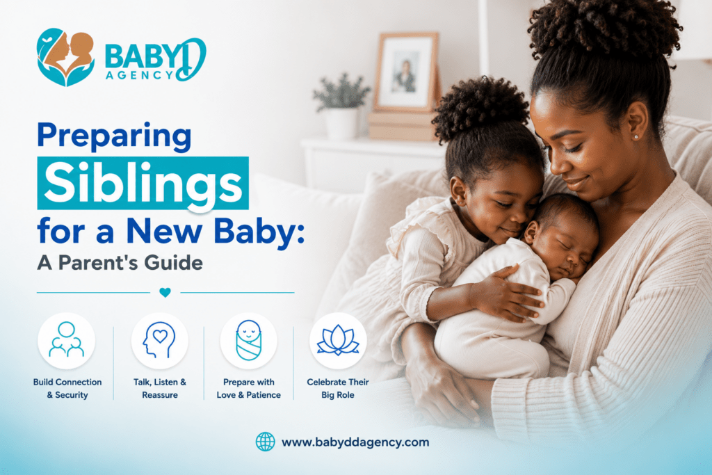Preparing siblings for a new baby guide featuring a mother, newborn, and older sibling by BabyDD Agency.