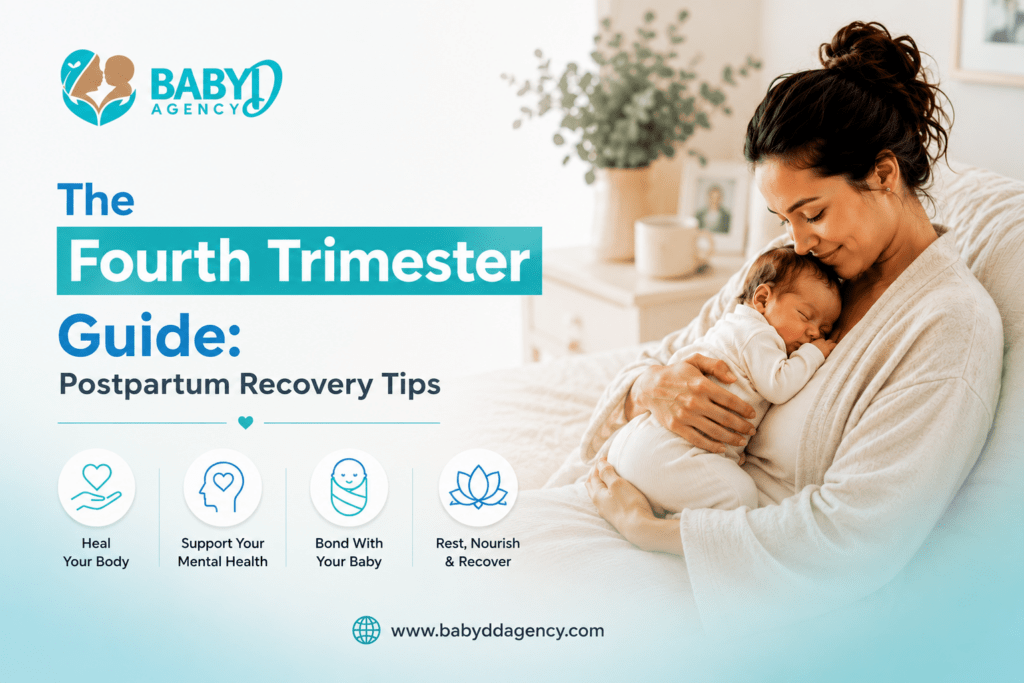 The Fourth Trimester Guide with postpartum recovery tips, featuring a mother holding her newborn by BabyDD Agency.