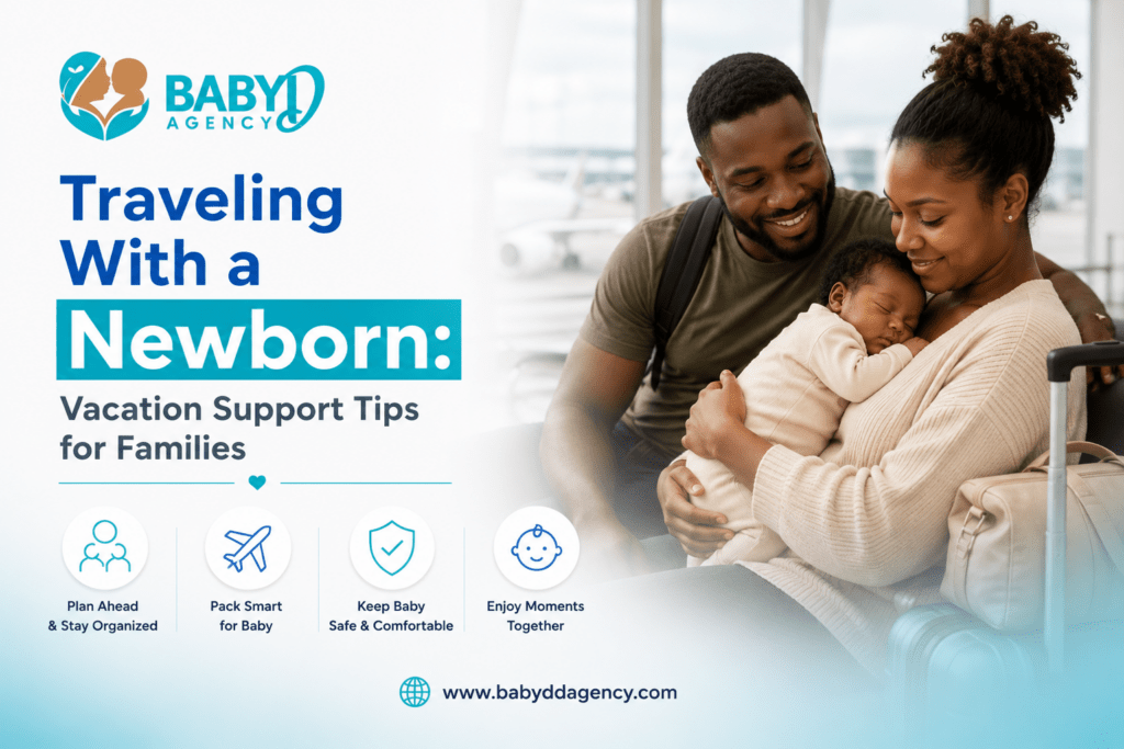 Traveling with a newborn guide featuring parents and baby at the airport by BabyDD Agency.