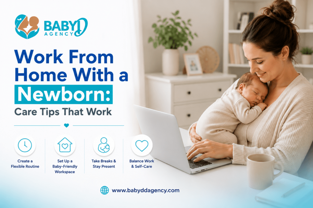 Work from home with a newborn guide featuring a mother working on a laptop while holding her baby by BabyDD Agency.